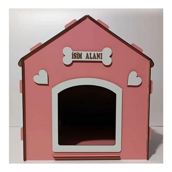 Hobicim Süper Set Ahşap Dekoratif Köpek Evi-Kulübesi ,Kedi Evi Minder Ve Zincir Tasma (Pembe-Beyaz) - Görsel 3