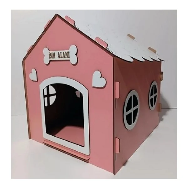 Hobicim Süper Set Ahşap Dekoratif Köpek Evi-Kulübesi ,Kedi Evi Minder Ve Zincir Tasma (Pembe-Beyaz) - Görsel 4