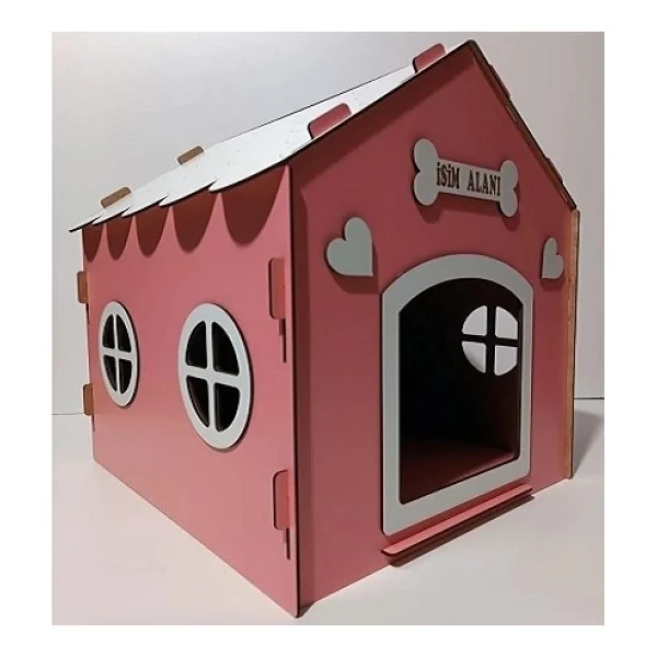Hobicim Süper Set Ahşap Dekoratif Köpek Evi-Kulübesi ,Kedi Evi Minder Ve Zincir Tasma (Pembe-Beyaz) - Görsel 5