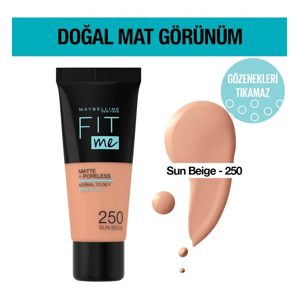 Maybelline Fit Me Matte + Poreless 250 Sun Beige 30 Ml Likit Fondöten - Görsel 5