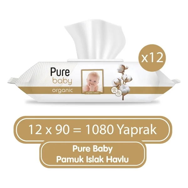 Pure Baby Organik Pamuklu 90 Yaprak 12'li Paket Islak Havlu - Görsel 8