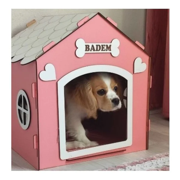 Hobicim Süper Set Ahşap Dekoratif Köpek Evi-Kulübesi ,Kedi Evi Minder Ve Zincir Tasma (Pembe-Beyaz) - Görsel 6
