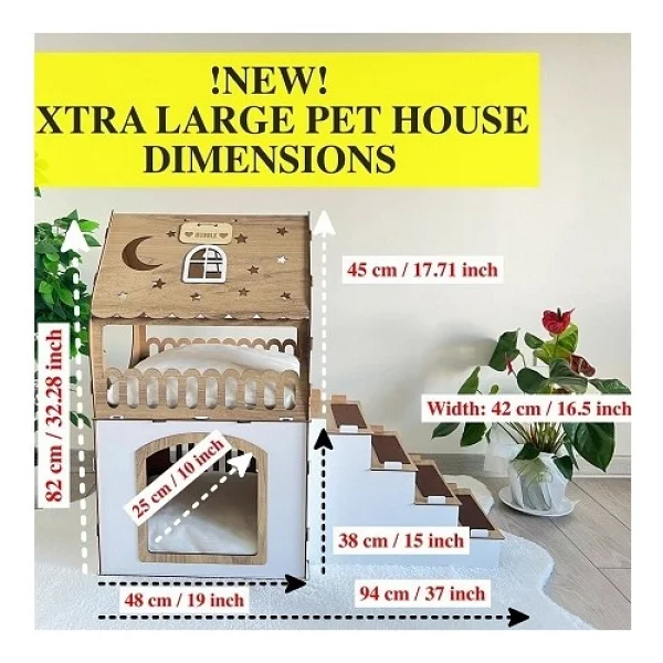 Hobicim XXL Küçük Irk Ahşap Dekoratif Köpek Kulübesi, Kedi Evi Beyaz-Ceviz - Görsel 4