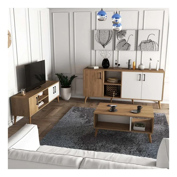 Mezza Exxen (Ahşap Ayaklı) TV Ünitesi - Orta Sehpa - Konsol Seti Sepet - Beyaz Set 1584-2074-1624 - Görsel 4