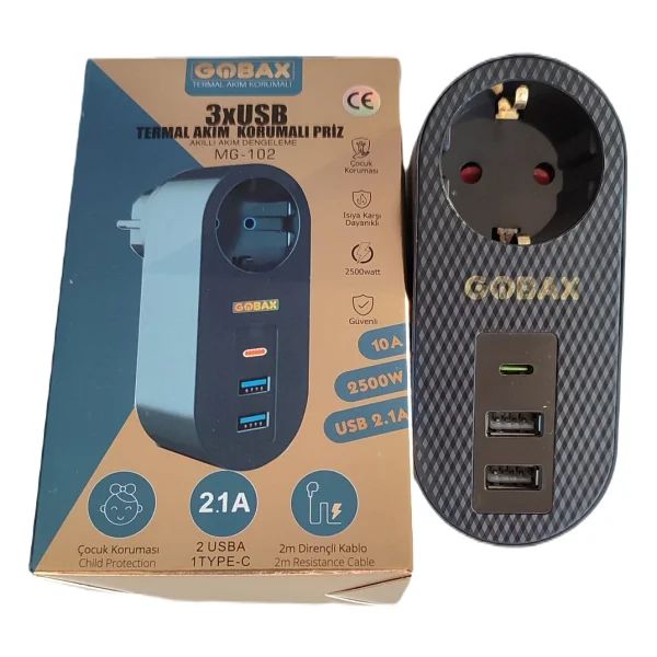 Gobax Mg-102 3 Usb'li Tekli Termal Akım Korumalı Priz - Görsel 6