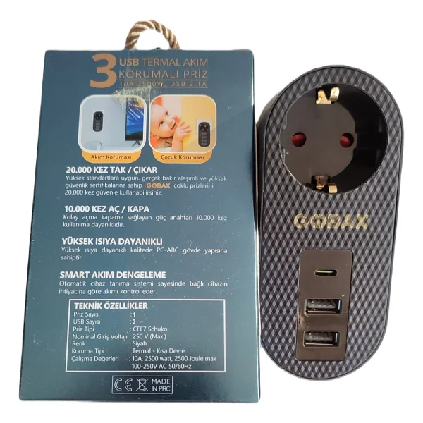 Gobax Mg-102 3 Usb'li Tekli Termal Akım Korumalı Priz - Görsel 2