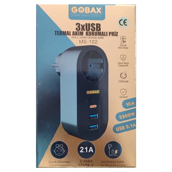 Gobax Mg-102 3 Usb'li Tekli Termal Akım Korumalı Priz - Görsel 4