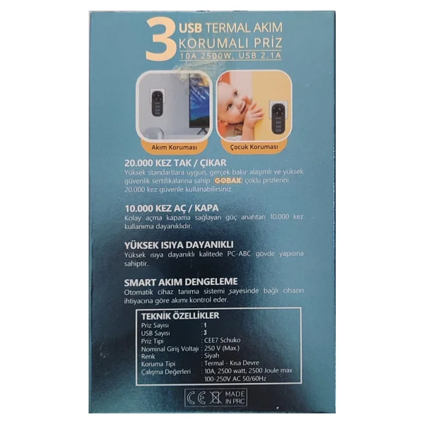 Gobax Mg-102 3 Usb'li Tekli Termal Akım Korumalı Priz - Görsel 5