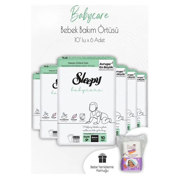 Sleepy Babycare Bebek Bakım Örtüsü 10'Lu X 6 Adet Ve Kare Bebek Pamuğu - Görsel 2