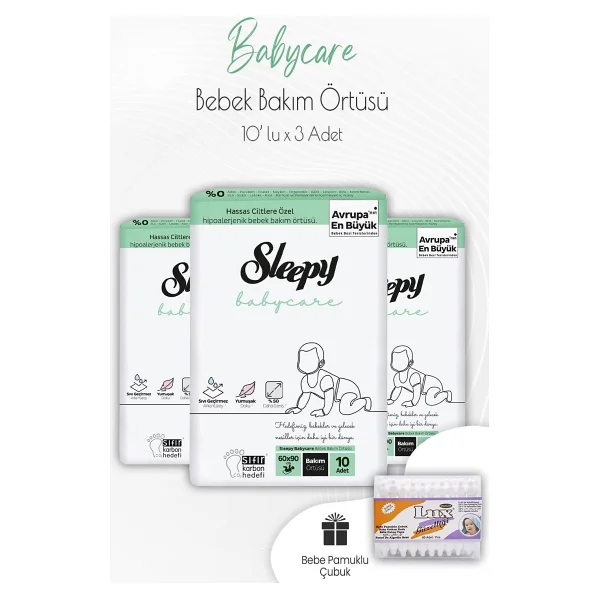 Sleepy Babycare Bebek Bakım Örtüsü 10'Lu X 3 Adet Ve Bebek Pamuk Çubuğu - Görsel 2