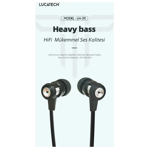 Lucatech Samsung Xiaomi Oppo Huawei Uyumlu Slikonlu Metal Kafa Kulaklık 3.5 Mm Jack Girişli - Siyah - Görsel 2