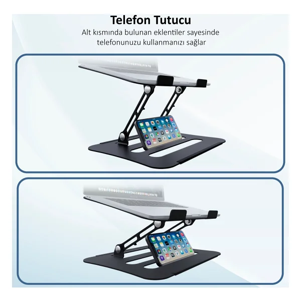 Jön Metal Katlanabilir Telefon Tutuculu Tüm Modellerle Uyumlu Ayarlanabilir Notebook Laptop Standı Yükseltici - Siyah - Görsel 3
