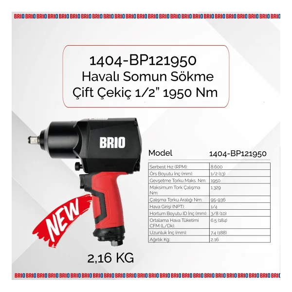 Brio 1404-Bp121950 Çift Çekiç 1/2" Havalı Somun Sıkma Makinesi - Görsel 2