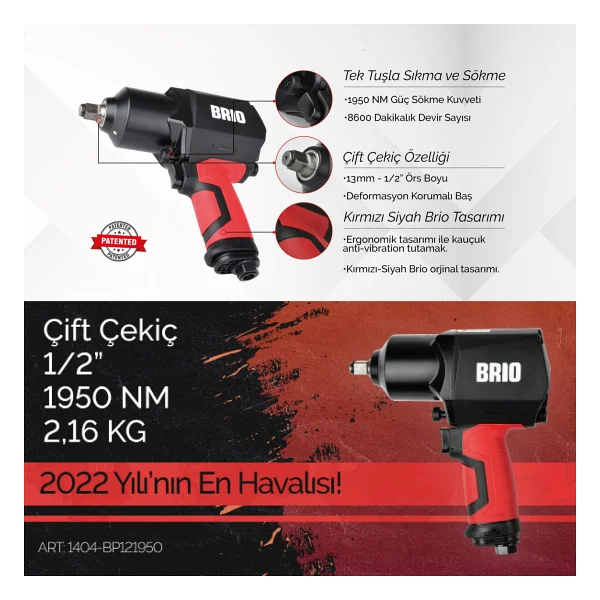 Brio 1404-Bp121950 Çift Çekiç 1/2" Havalı Somun Sıkma Makinesi - Görsel 3