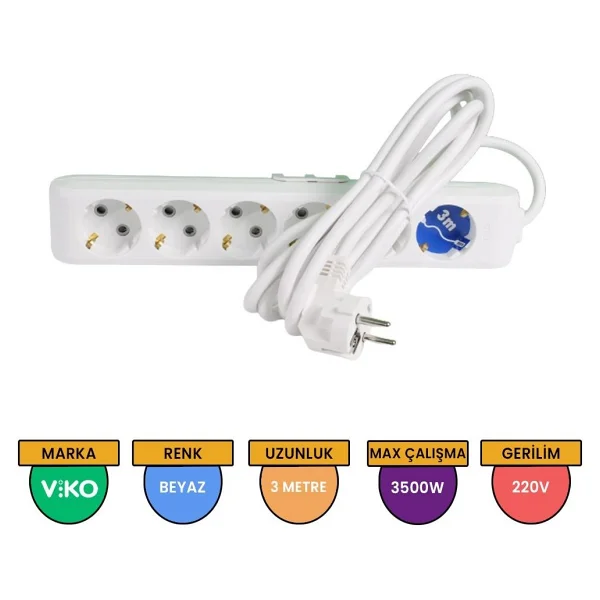Viko Multi-Let 90113603 Topraklı Beyaz 3 M 6'lı Priz - Görsel 4