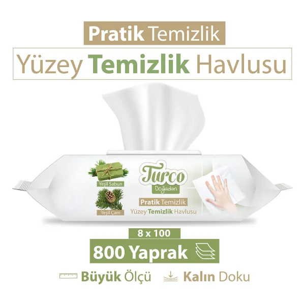 Turco Doğadan Yeşil Sabun Yüzey Temizlik Havlusu 100 Yaprak 8'li - Görsel 6
