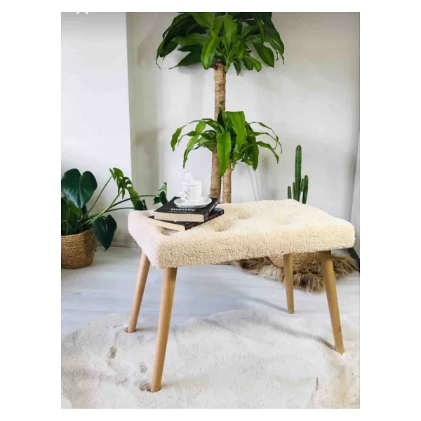 Beylerbeyi Gürgen Retro Ahşap Ayaklı Handmade Pofidik Puf Bench Koltuk - Kırık Beyaz - Gold - Görsel 4