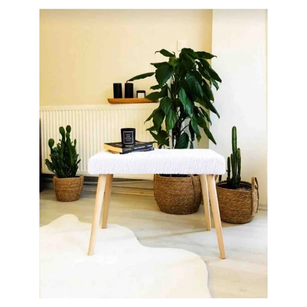 Beylerbeyi Gürgen Retro Ahşap Ayaklı Handmade Pofidik Puf Bench Koltuk - Kırık Beyaz - Gold - Görsel 5