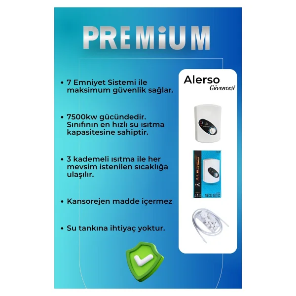 Alerso Premium Elektrikli Banyo Şofbeni 7 Emniyetli Ani Su Isıtıcı 7500w - Görsel 3