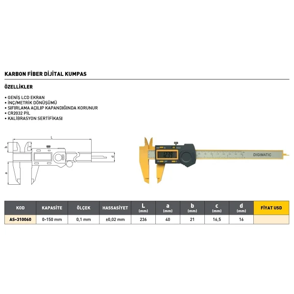 Asimeto As-310060 150 Mm Karbon Fiber Dijital Kumpas - Görsel 2