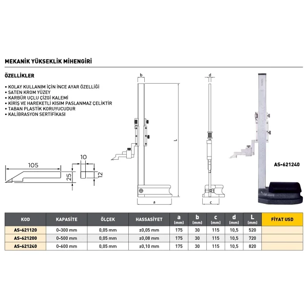 Fett 0-600mm Asimeto Mekanik Yükseklik Mihengiri As-621240 - Görsel 3
