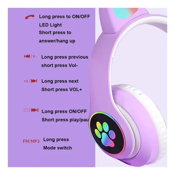 Karler Stn-28 Mikrofonlu LED Işıklı Kulak Üstü Kedi Bluetooth Kulaklık Mor - Görsel 3