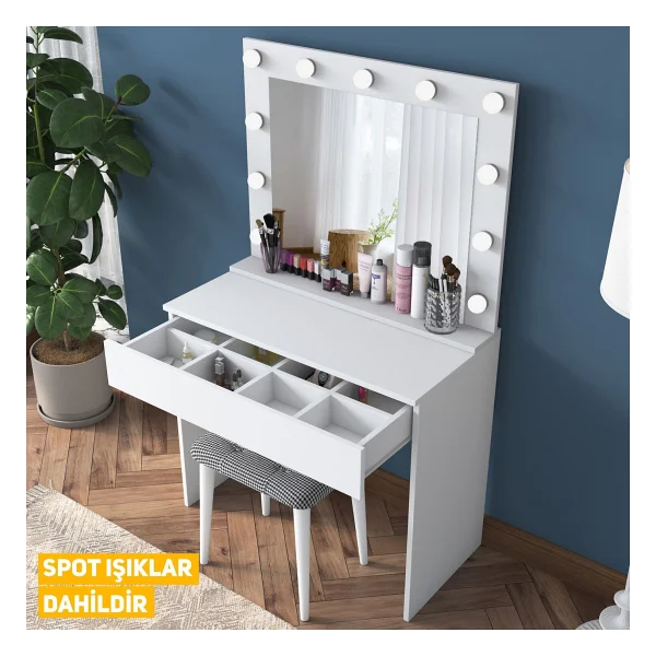 Rani Bj121 Hollywood Işıklı Aynalı Kulis Makyaj Masası Takı Düzenleyici + Tabure Takım Beyaz - Görsel 6
