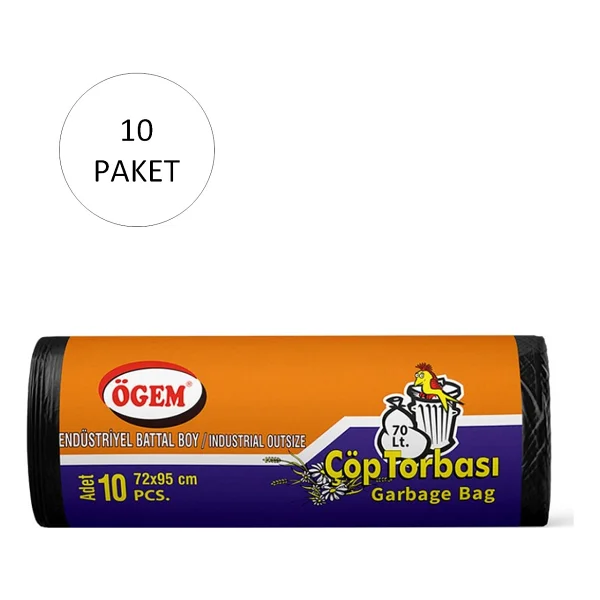 Ögem Endüstriyel Battal Boy Çöp Torbası 72 X 95 Cm 10'lu Rulo X 10 Paket = 100 Adet (Siyah) - Görsel 2