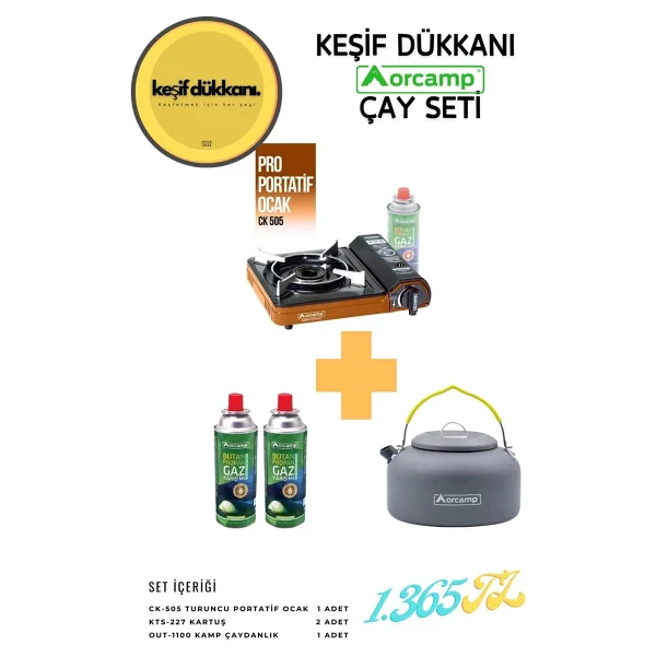 Orcamp Keşif Dükkanı Orcamp Çay Seti - Portatif Kamp Ocak + Çaydanlık + Yedek Kartuş - Turuncu - Görsel 3