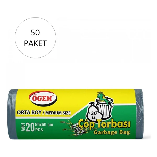 Ögem Orta Boy Çöp Torbası 55 X 60 Cm 20 Li Rulo X 50 Paket = 1000 Adet (Mavi) - Görsel 2