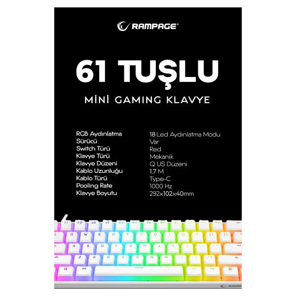 Rampage Parvus Kb-R135 RGB Tkl Red Switch Kablolu Mekanik Oyuncu Klavyesi - Görsel 6
