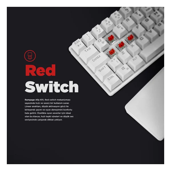 Rampage Ally K11 Beyaz Tkl Red Switch Kablolu Mekanik Oyuncu Klavyesi - Görsel 3