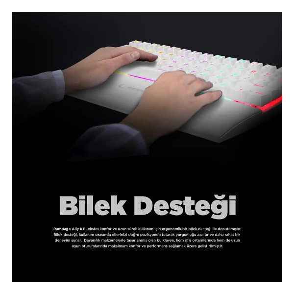 Rampage Ally K11 Beyaz Tkl Red Switch Kablolu Mekanik Oyuncu Klavyesi - Görsel 5