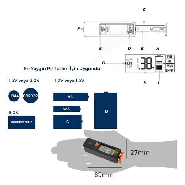 Tfa Dostmann Pil Test Cihazı Batterycheck, 98.1126.01, Piller Ve Aküler İçin (Aaa,Aa,C, D), Düğme Pil, Blok Pil, Şarj Durumu/Volt Göstergesi, Kolay Ve Hızlı, Siyah - Görsel 2