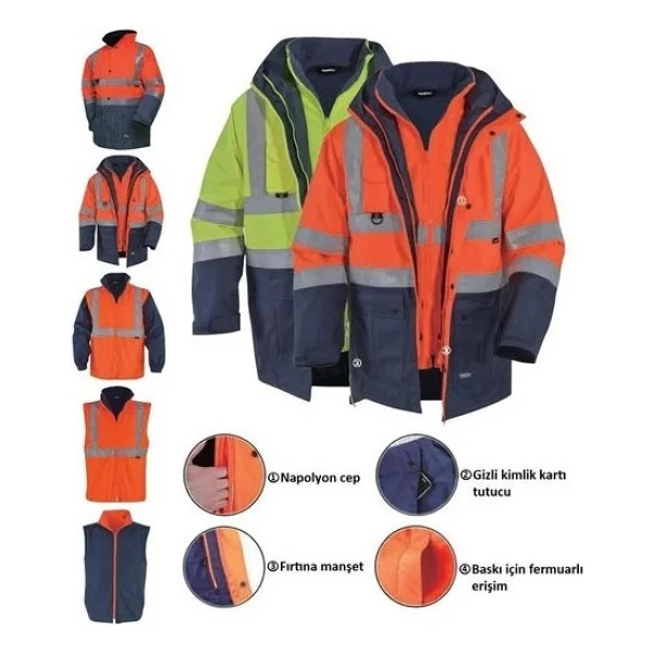 Frekans İş Güvenliği 5+1 Reflektörlü Kışlık Mont Parka Içi Çıkmalı Turuncu Yerli Kaban Işçi Montu Mühendis Montu - 3xl - Görsel 2