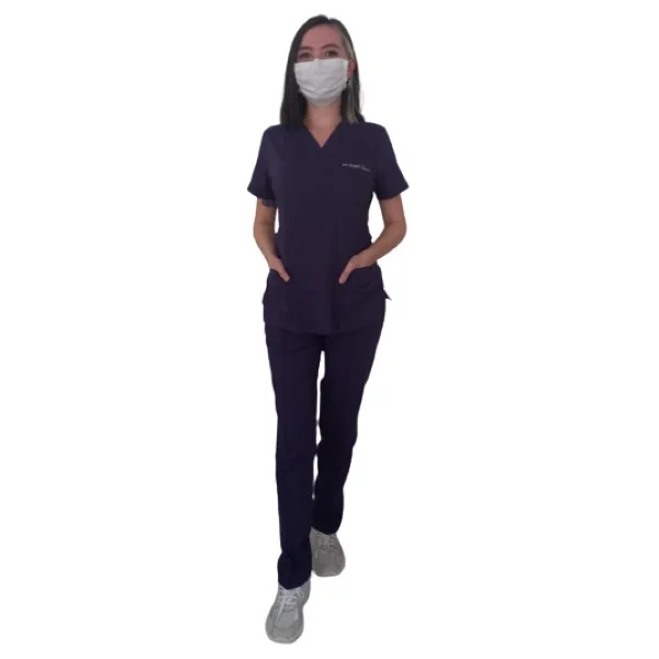 Emel Tekstil Likralı Doktor Hemşire Mürdüm Forma V Yaka Üniforma Takım - 48 - Görsel 2