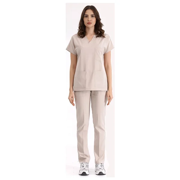 Çizgi Medikal Krem Likralı Üniforma Takımlar Yüksek Kaliteli Likralı Scrubs - XS - Görsel 3