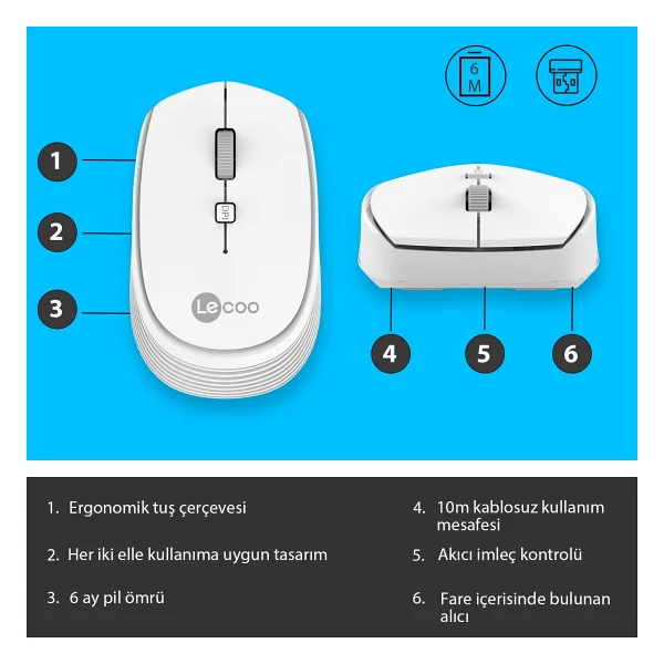 Lenovo Lecoo Ws202 Beyaz Ergonomik Optik Kablosuz Mouse - Görsel 3