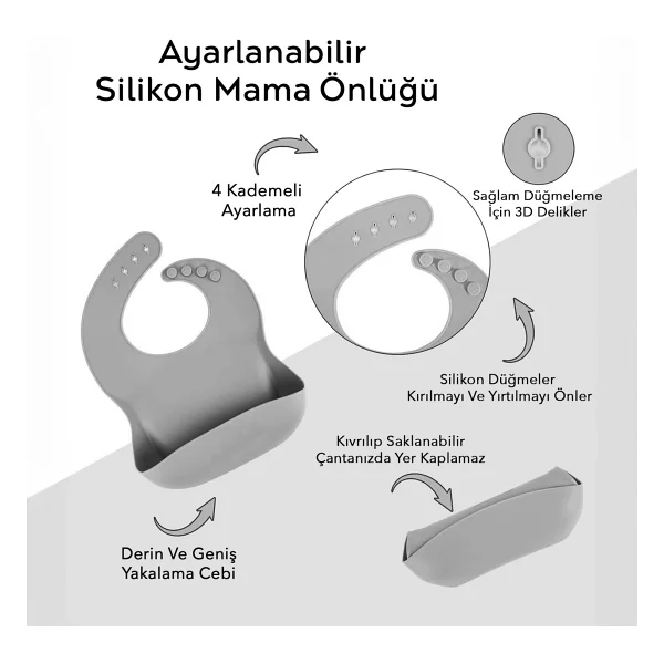 Meleni Baby 3'lü Silikon Beslenme Seti - Silikon Mama Önlüğü Diş Kaşıyıcılı Kaşık Vakum Tabanlı Tabak - Antrasit - Görsel 2