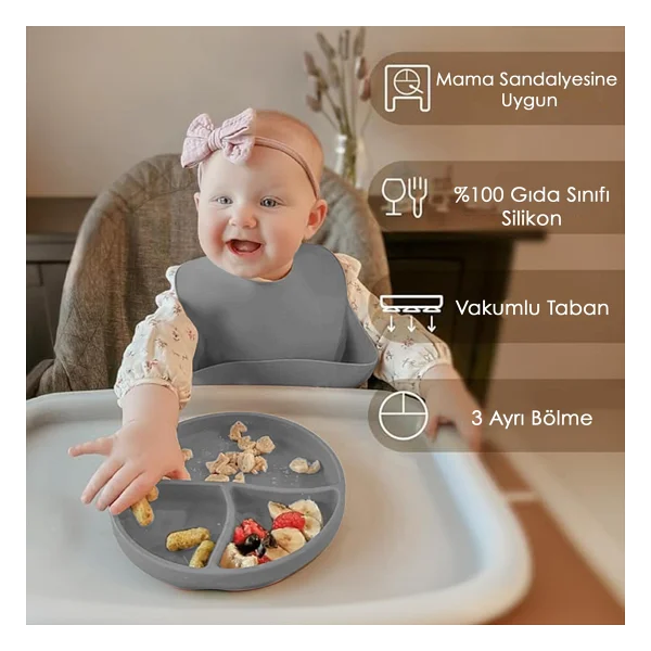 Meleni Baby 3'lü Silikon Beslenme Seti - Silikon Mama Önlüğü Diş Kaşıyıcılı Kaşık Vakum Tabanlı Tabak - Antrasit - Görsel 4