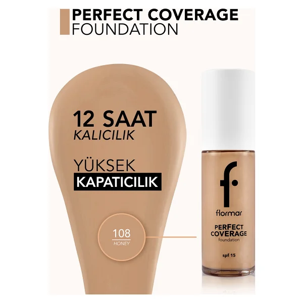 Flormar Perfect Coverage Yarı Parlak Bitişli Spf 15 108 Honey 30 Ml Likit Fondöten - Görsel 4