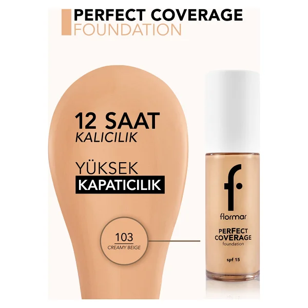 Flormar Perfect Coverage Yarı Parlak Bitişli Spf 15 103 Creamy Beige 30 Ml Likit Fondöten - Görsel 5