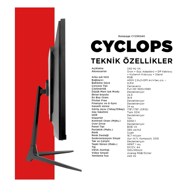 Rampage Cyclops Cy25r240 25" 1 Ms Full HD 240 Hz Oyuncu Monitörü - Görsel 9