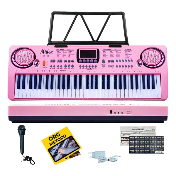 Midex Ps-1500pk Başlangıç İçin 61 Tuşlu Org Pembe Renk Notalık Adaptör Mikrofon (100 Ses 100 Ritim) - Görsel 3
