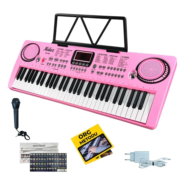 Midex Ps-1500pk Başlangıç İçin 61 Tuşlu Org Pembe Renk Notalık Adaptör Mikrofon (100 Ses 100 Ritim) - Görsel 4