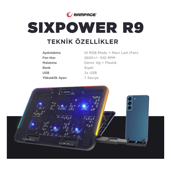 Rampage Sixpower R9 RGB 6 Fanlı Laptop Soğutucu - Görsel 2