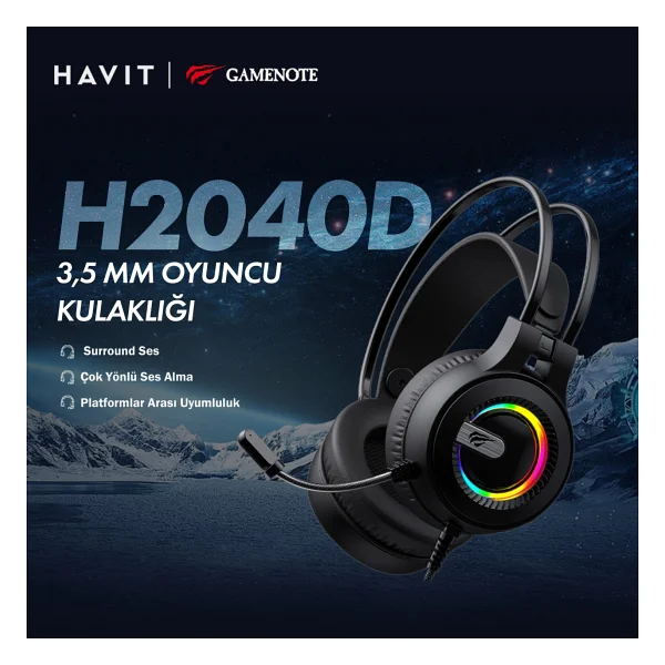 Havit Gamenote H2040d RGB USB Kablolu Kulak Üstü Oyuncu Kulaklığı - Görsel 2