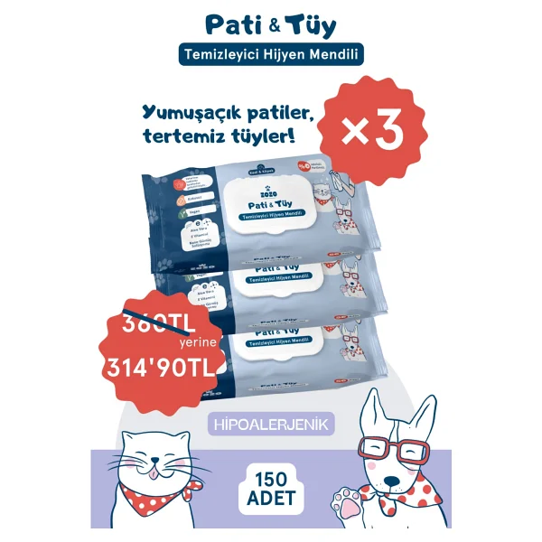 Zozo Cares Pati & Tüy Temizleyici Hijyen Mendili - 3'lü Avantaj Paket (150 Yaprak) - Görsel 7