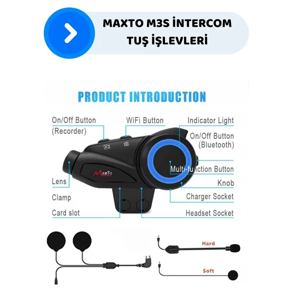 Maxto M3s 2k HD 1440p Kameralı Intercom Motosiklet Kask Intercom - Görsel 2