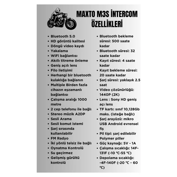 Maxto M3s 2k HD 1440p Kameralı Intercom Motosiklet Kask Intercom - Görsel 5